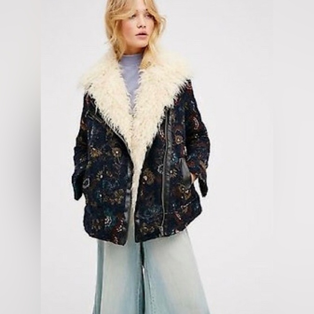 NWF Free People Jacquard Wool Faux Fur Jacket Coat Navy Floral Tapestry XS READ